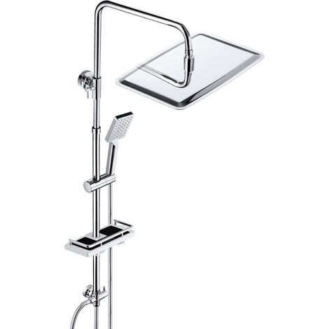 JOHO Duschsäule ohne Armatur – XXL Regendusche rechteckig 35x25 cm, Duschsystem mit Edelstahl Duschstange höhenverstellbar, integrierter Ablage, Montage ohne zusätzliches Bohren, Chrom