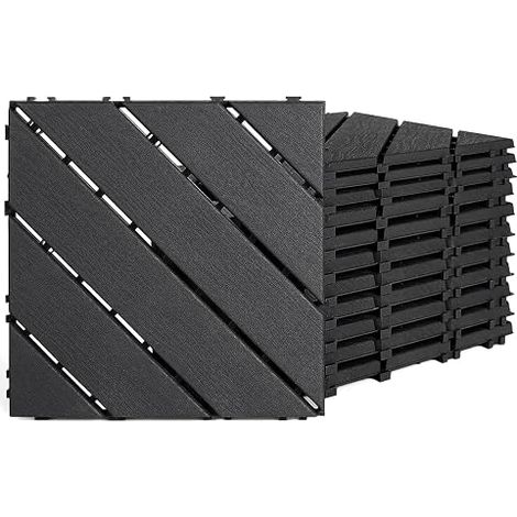 12 x PVC Patio Tiles with Click System, 30 x 30 cm, Waterproof and Non-Slip, Stone Look Surface for Balcony, Patio, Garden, Swimming Pool (Black, 12 Pieces) (1/5)