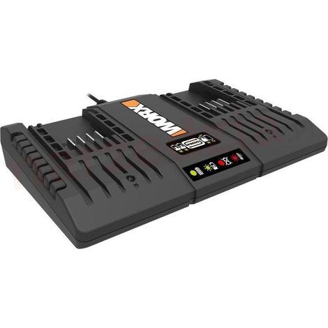 Worx – Chargeur double rapide 20V pour batteries électroportatives – Charge simultanée de 2 batteries – Design compact avec LEDs d'état