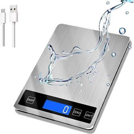 Digitale Küchenwaage (5 kg) mit LCD-Display, Edelstahl und gehärtetem Glas – Genauigkeit bis zu 1 g – Anzeige in g/kg/lb:oz/ml/fl'oz – USB-Ladefunktion (1/5)
