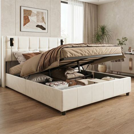 Lit coffre 160x200 cm，rangement hydraulique，liseuses intelligentes et station de charge (usb & type-c)，velours，sommier à lattes，beige (1/5)