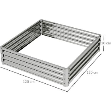Bac de culture carré en acier galvanisé argenté 120 x 120 x 30 cm, fond ouvert anti-mauvaises herbes et anti-rouille, pour jardin, terrasse et balcon