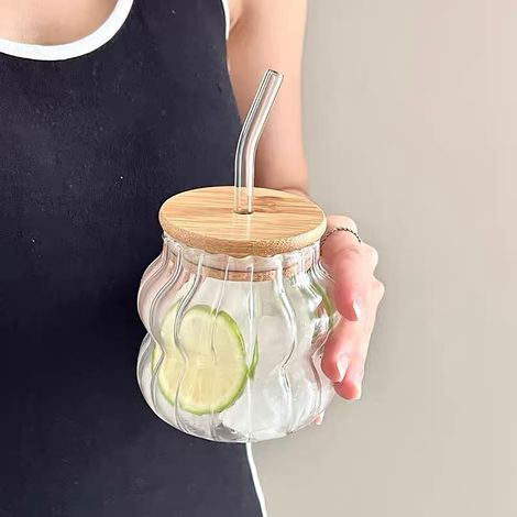 Verre À Boisson En Verre - 500 ml - Design Rainuré - Convient Pour Café Glacé Jus Bière Thé Cocktail - Avec Couvercle En Bambou Et Paille En Verre - Unité (1/5)