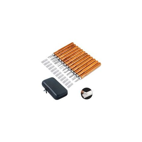 Ciseau à bois,12 pièces Ciseaux à bois,Ensemble de couteaux à découper en liège kit d\'outils de gravure avec pierre à aiguiser / sac de rangement (1/5)