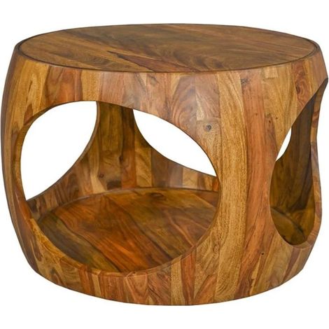 Mesa baja redonda NERA 60 cm en madera de Sheesham maciza barnizada con nicho abierto (1/5)