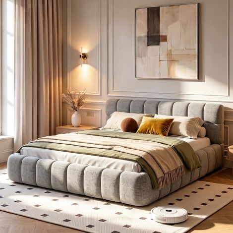 Lit rembourré 140x190 cm – Beige – Tissu lin – Tête de lit rembourrée – Cadre lattes – Style moderne – Structure panneaux