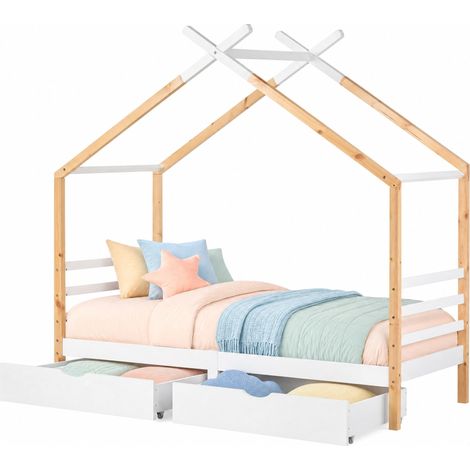 Lit cabane enfant 90x200 cm avec tiroirs et sommier à lattes, en bois de pin et MDF, blanc et bois, pour chambre d’enfant, style maison stable et ludique - CHICFURN (1/5)