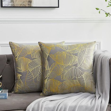 Velours Housses de Coussin 45x45 cm Decoration Imprimé Or Taie d'oreiller pour Canapé Chambre Voiture Salon Coussin Couverture Gris Lot de 2 (1/5)