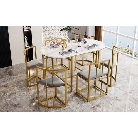Ensemble repas 6 places : table blanche, chaises grises à dossier tapissé, piètement métal doré, set salle à manger moderne (ex-réf 308399408AAO) (1/5)