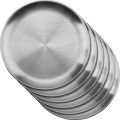 Lot de 6 assiettes rondes en acier inoxydable 304 de 26 cm - Argenté - Pour camping, pique-nique et utilisation en extérieur