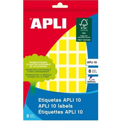 Etiquetas amarillas circulares en formato APLI 10, tamaño 12 x 18 mm con adhesivo permanente. Este pack incluye 8 hojas, lo que equivale a un total de