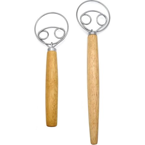 33 cm et 25.5 cm, 2 fouets à pâte, fouet à pâte avec long manche en bois pour pain, biscuits et pâtisseries, outil manuel pour mélanger la pâte lors de la cuisson (1/5)