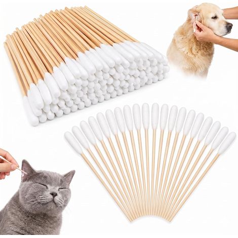 Coton Tige Chien, Nettoyage Oreilles Chien, 200 Bâtonnets de Coton pour Animaux de Compagnie, 15cm et 12cm, Grande Tête en Coton et Manche en Bois, Hygiène pour Chien et Chat. (1/5)