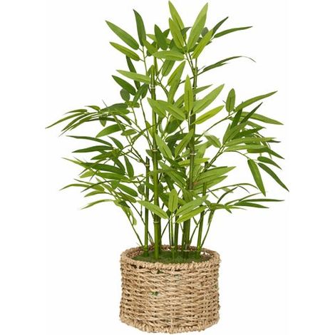 Plante artificielle en bambou – 46 cm de haut – Plante sans entretien avec pot tressé naturel – Plante décorative pour salon, balcon, terrasse et bureau – Verte (1/5)