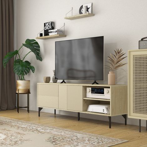 Meuble TV jusqu'à 65 pouces 2 niches 2 passe-câbles et 1 placard 2 portes piètement acier 150 x 40 x 56 cm jaune noir
