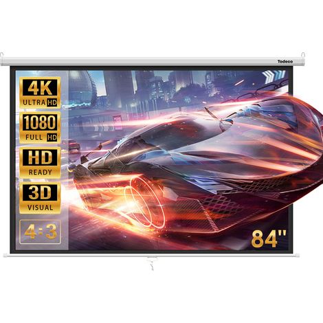 Todeco – Écran de projection manuel 84 pouces – Fixation murale ou plafond – 128 x 170 cm – HD 4K 3D – Angle de vision 160°