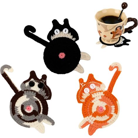 Dessous de verre Cadeaux pour les amoureux des chats, dessous de verre tissés originaux et amusants, la protection de la table (lot de 3) (1/5)