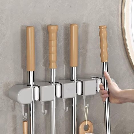 Aufbewahrungsregal – Besenhalter – Mopphalter – selbstklebendes Besenregal (ohne Bohren) – für Bad, Büro, Küche, Schrank, Garage – grau (1/3)