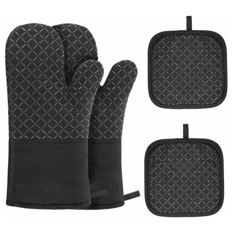 Gants de Four, 4 pcs Gants de Maniques Gants de Cuisine avec Tapis de Maniques Résistant à Chaleur Antidérapant Gant Four pour BBQ, Cuisiner, Cuire, Micro-Ondes avec Brosse en Silicone (Noir) (1/5)