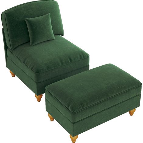 Polstersessel aus grünem Chenille mit Hocker, abnehmbarem Rock und gedrechselten Beinen MODENUIT (1/5)