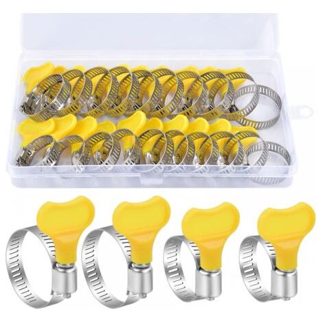 20 pièces colliers de serrage réglables 16-25/19-29mm colliers de serrage en acier inoxydable avec poignée rotative boîte jaune pour machines à laver piscines voitures conduites de gaz