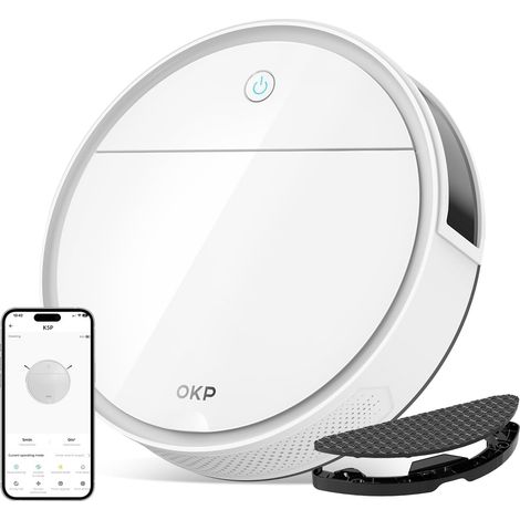 Aspirateur Robot, 5000 Pa, 180 Minutes, Ultra-Mince 7,7 cm, Évitement d'obstacles, Silencieux, Adapté aux sols durs et Efficace Contre Les Poils d'animaux, Wi-Fi/App, Blanc (1/5)