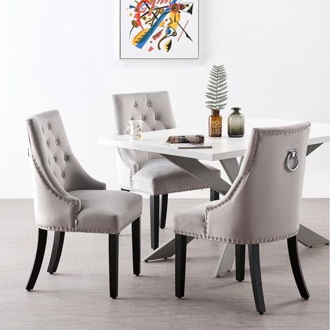 Duke LUX Windsor Dining Set - un tavolo da pranzo in legno bianco e un set di 6 sedie da pranzo in velluto grigio chiaro - Sala da pranzo Cucina (1/5)