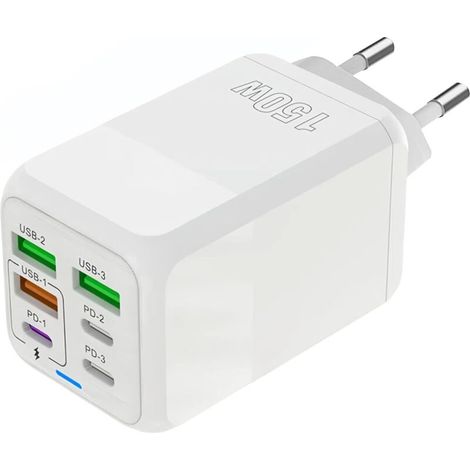 Chargeur USB C, 150W 6 Ports USB C Prise de Charge Rapide, Chargeur à 6 Ports (Port 3PD Type C + Port USB A 3QC), Compatible avec iPhone 11/12/13/14/15 series/XS/XR/8/iPad (1/4)