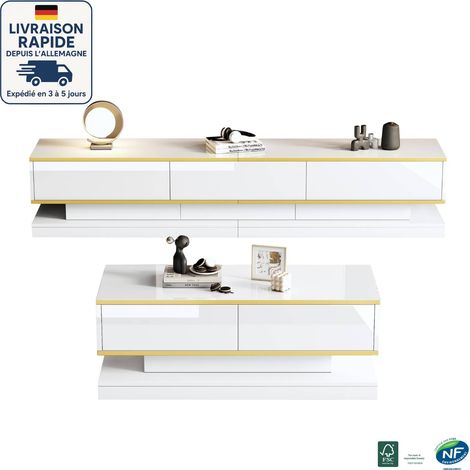 Meuble TV 200cm - Avec incrustation d'or - 3 tiroirs - Convient pour un salon luxueux ou une chambre principale - La surface brillante est facile à nettoyer +Table basse - Garniture dorée - 100x50x38c (1/5)