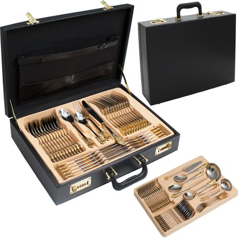 (Style Cour Royale - Doré partiel) Ménagère en acier inoxydable 304 massif (72 pièces) - Couteau, fourchette, cuillère (1/4)