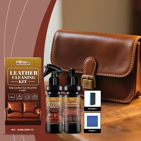 Kit de nettoyage et d'entretien du cuir - Spray nettoyant, baume nourrissant, soin anti-taches, rénovateur de brillance - Spray nettoyant 120 ml + Baume nourrissant 120 ml + Éponge + Serviette (1/5)