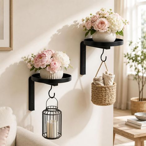 Lot de 2 supports de fleurs - Montage mural - En métal - Noir - Pour balcon, salon, terrasse (1/5)