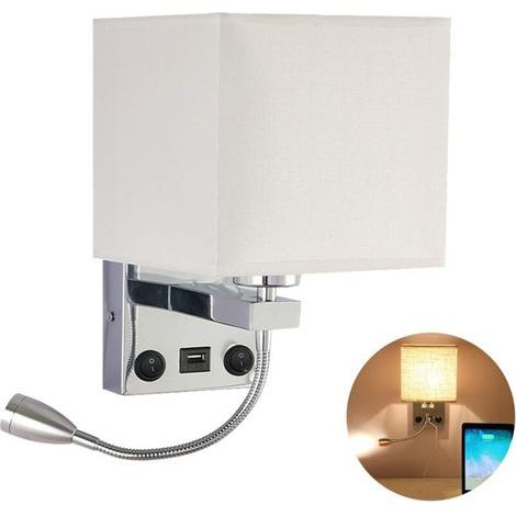 Applique murale de chevet, lampe murale LED USB flexible Lampe de lecture Support de bras pivotant pour chambre à coucher E27 Veilleuse murale (ampoules non incluses) (1 avec port USB) [Classe énergét (1/5)