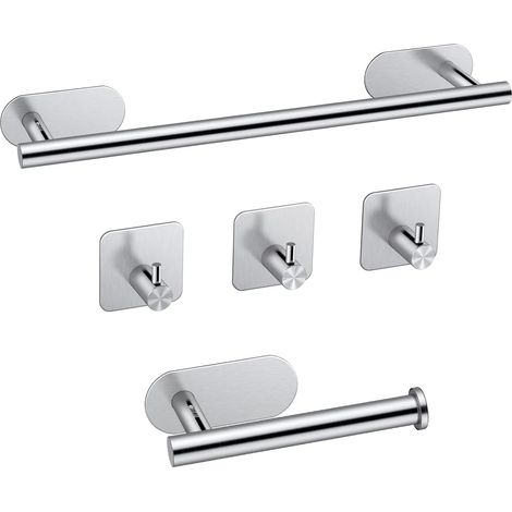 Porte-Serviettes Salle de Bain 40cm Kit de Porte-Serviettes de Bain Auto-Adhésif en Acier Inoxydable 304+Porte-Papier Toilette+3 Crochets de Serviette Set de Barres Porte-Serviettes-Argent (1/5)