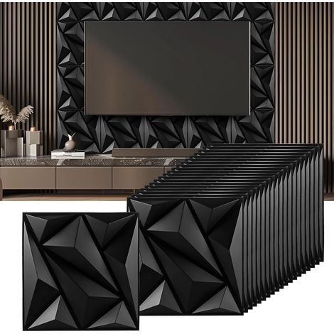 Lot de 20 panneaux muraux 3D - Motif diamant - 30 x 30 cm - Panneaux muraux 3D - Noir - Panneaux muraux 3D en PVC pour décoration de salon, chambre à coucher, salle de bain (1/5)