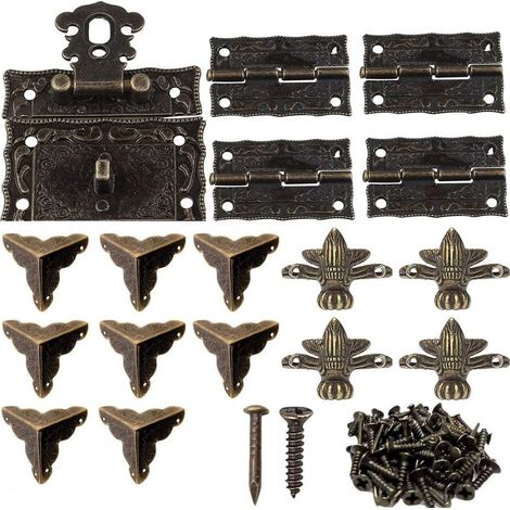 Antique Decorative Box Clasp, 8 Decorative Corner Covers, 4 Metal Hinges, 4 Decorative Corner Feet for Wooden Jewelry Box, Bronze (1/5)