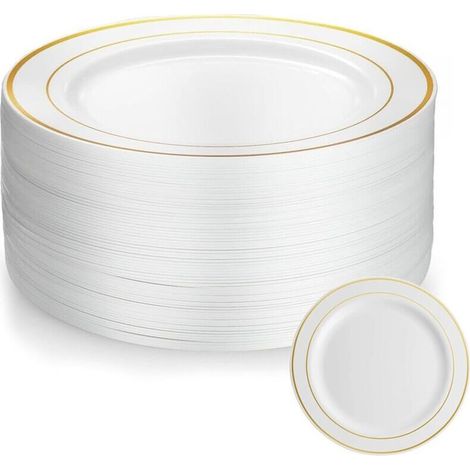 50 Pièces Assiette 7 pouces Assiette Plastique Reutilisable Avec Bordure Dorée Assiettes en Plastique Blanc Assiettes pour Mariages