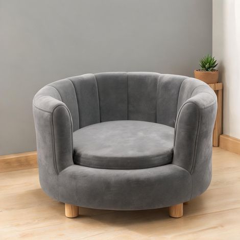 Canapé pour chien en tissu gris avec coussin et pieds en bois (1/5)
