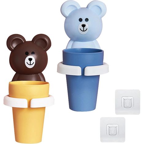 2 Pièces Porte-Brosse à Dents Mural avec Gobelet, Ours Mignon Porte-Gobelet Mural et Tasse pour Rince-Bouche, Autocollant Brosses à Dents Support, pour Salle de Bain, Hôtel, Bureau (1/5)