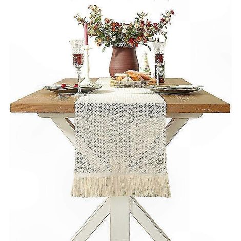 Beige Makramee-Tischset, feine Häkelspitze, rechteckiger Bohème-Stil, rustikale Wohndekoration, 35 x 160 cm (1/5)