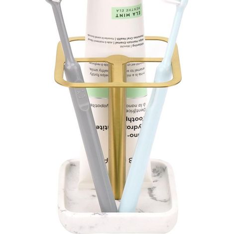 Support de brosse à dents en acier inoxydable, base en résine à motif marbre avec 3 sections de rangement, support décoratif pour évier de salle de (1/5)