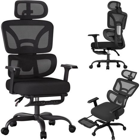 ECOFURNIX - Silla Ergonómica y Alta, Silla de Oficina de Malla Transpirable, Respaldo Ajustable, Giratoria 360°, Negra (1/5)
