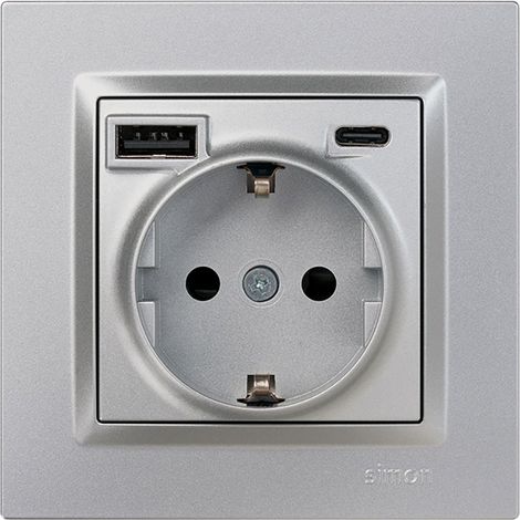 Base de prise Schuko + USB A + C 10,5 W 16 A 250 V, Simon 10, aluminium (1/4)