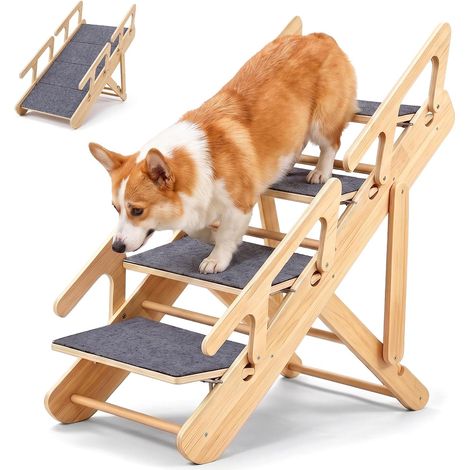 Escalier pour chien 2 en 1 - 4 niveaux - Pliable - Avec tapis antidérapant et balustrade - En bois réglable en hauteur - Pour canapé, lit, voiture, jusqu'à 60 kg (1/5)