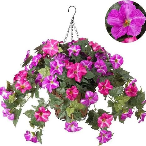 Pétunias artificiels (violet et rouge) résistants aux UV, en soie artificielle, à suspendre au mur pour la décoration de la maison, du jardin, des jardinières extérieures, des mariages et des fêtes. (1/4)