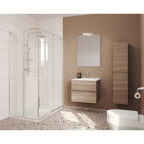 Mueble de baño suspendido de 60 cm en madera de roble ahumado con lavabo y espejo - Empoli - Con columna espejo y lámpara LED (1/5)