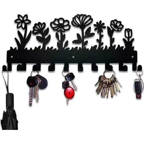 Ganchos de pared para llaves, ganchos negros para colgar llaves en la pared con 10 ganchos para llavero, dormitorio, oficina, hogar. (1/5)