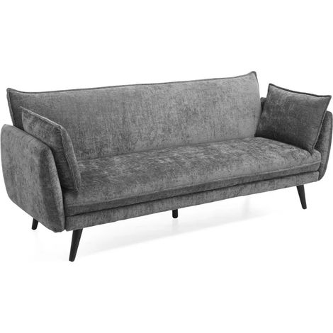 Canapé convertible en tissu doux gris et pieds en bois noir - HUGUES (1/5)
