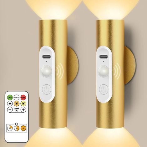 Applique Lampe Murale Sans Fil Intérieure avec Detecteur de Mouvement et Télécommande, Lampe LED de Lecture Chevet Sans Fil Rechargeable USB, Veilleuse Appliques Murale avec Interrupteur Chambre Dorée (1/5)