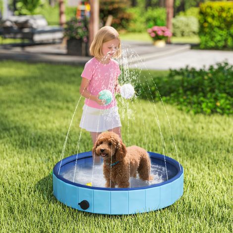Faltbarer kleiner Hundepool mit Sprinkler, rutschfestes, strapazierfähiges PVC, Ø 80 x 20 cm, Hellblau